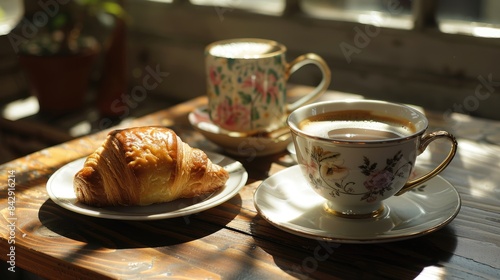 Morning meal coffee served in a cup and a pastry