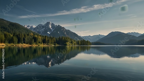 A body of water with trees and mountains in the background AI generated