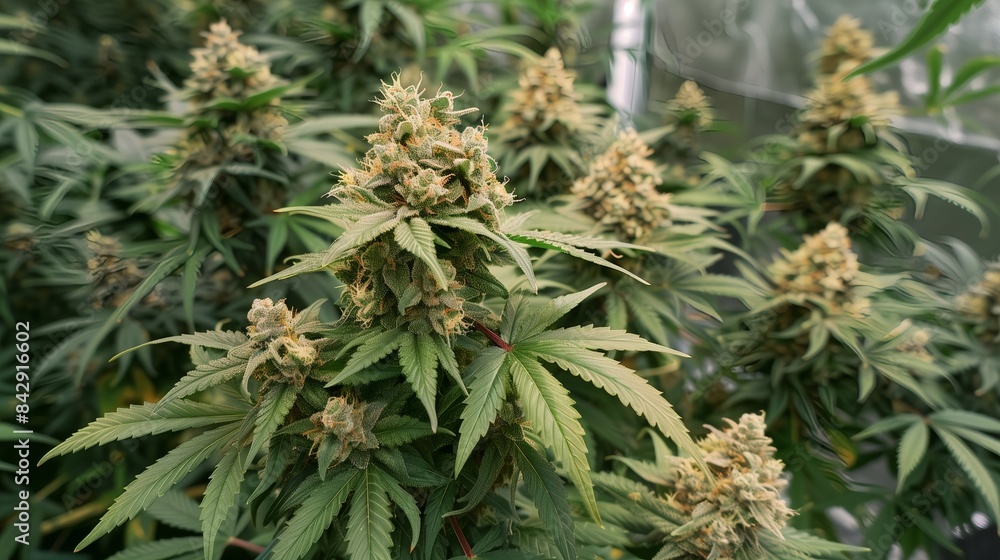 Cannabis plants with ripe buds in green house setting Cannabis plants with ripe buds in green house setting