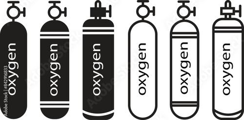 Set of LPG propane bottles icons container with editable stock. Oxygen Gas trendy flat styles cylinder icon. Oxygen gas cylinder canister fuel storage collection isolated on transparent background.