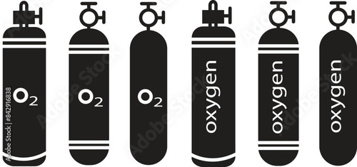 Set of LPG propane bottles icons container. Oxygen Gas o2 trendy fill styles cylinder icons vectors. Oxygen gas cylinders canister fuel storage signs collection isolated on transparent background.