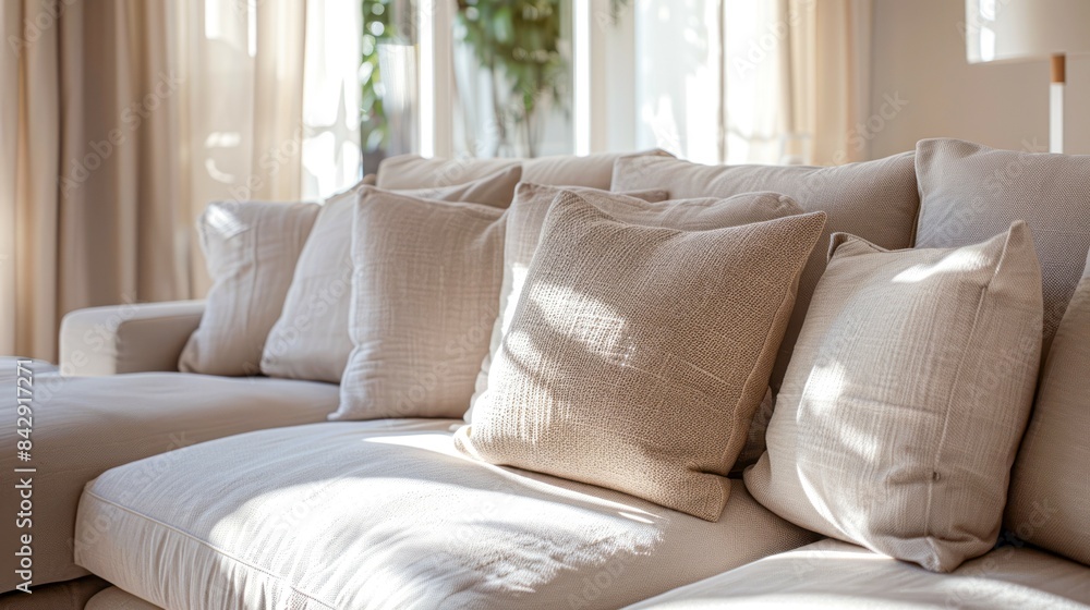 A white sectional sofa with numerous pillows sits in a bright living room with large windows A white sectional sofa with numerous pillows sits in a bright living room with large windows
