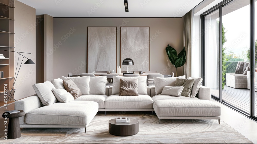 A modern living room with a white sectional sofa, large windows, and a sleek design A modern living room with a white sectional sofa, large windows, and a sleek design