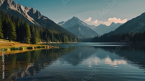 A body of water with trees and mountains in the background AI generated © সময় হাসে