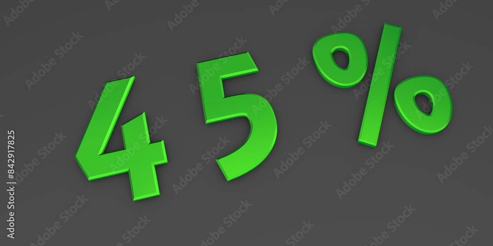 Green 3D forty five percent on a gray background. Rendering. Green 3D forty five percent on a gray background. Rendering.