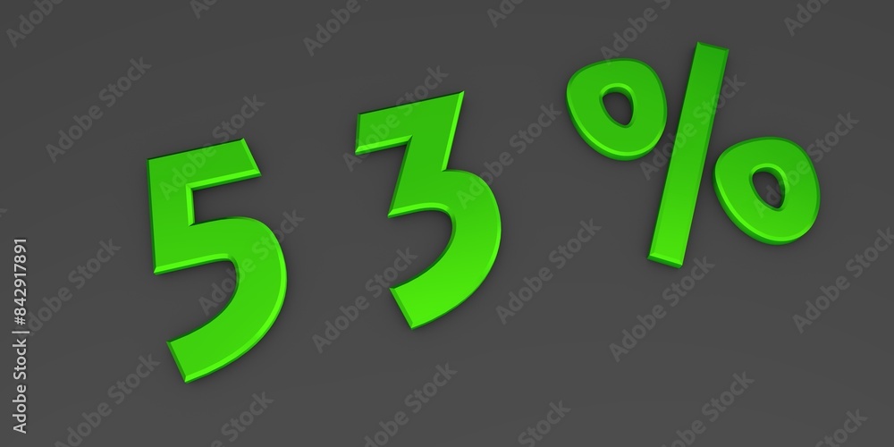 Green 3D fifty three percent on a gray background. Rendering.