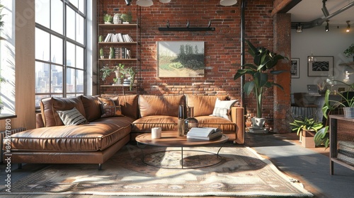 A modern loft living room with a large leather sectional sofa, a coffee table, and a city view outside the window