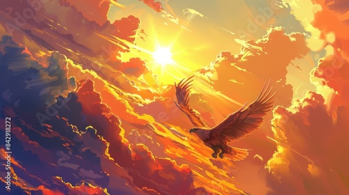 Colorful cartoon eagle gliding through a sunlit sky, with vibrant clouds and a big, cheerful sun in the background. photo