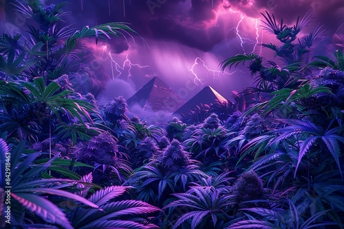 Surreal nightscape with pyramids, vibrant purple foliage, and dramatic lightning, creating a mystical and otherworldly atmosphere.