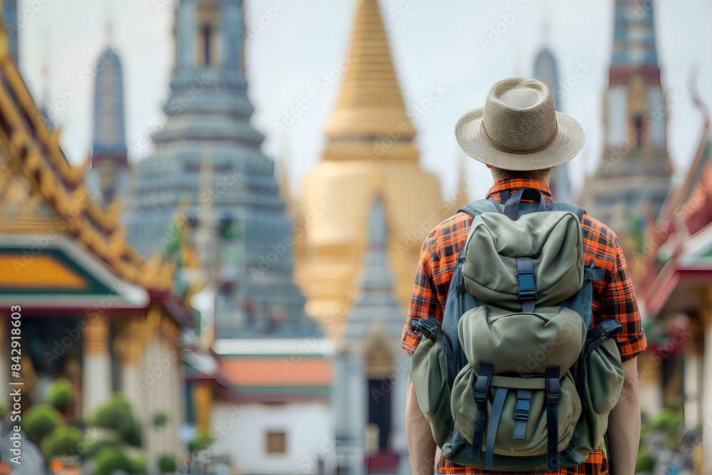 Back view of a traveler man with backpack at Thailand pagoda Back view of a traveler man with backpack at Thailand pagoda