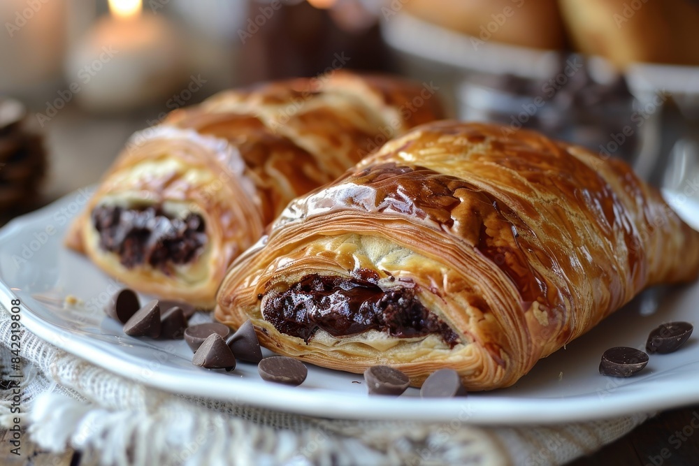 Pain au Chocolat A flaky, golden Pain au Chocolat with chocolate filling. Served on a white plate with a napkin. Pain au Chocolat A flaky, golden Pain au Chocolat with chocolate filling. Served on a white plate with a napkin.
