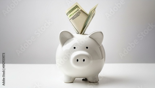 America dollars banknotes money into piggy bank on white background. Saving money wealth and financial concept