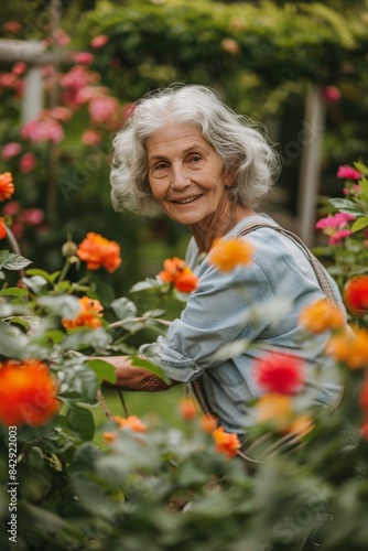Elderly woman with silver hair and visible wrinkles gardening joyfully © Lakkhana