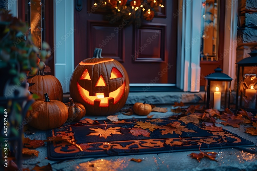 Obraz premium A photo of a decorated front porch with a spooky doormat, a glowing pumpkin, and a Halloween wreath, creating a welcoming and festive atmosphere