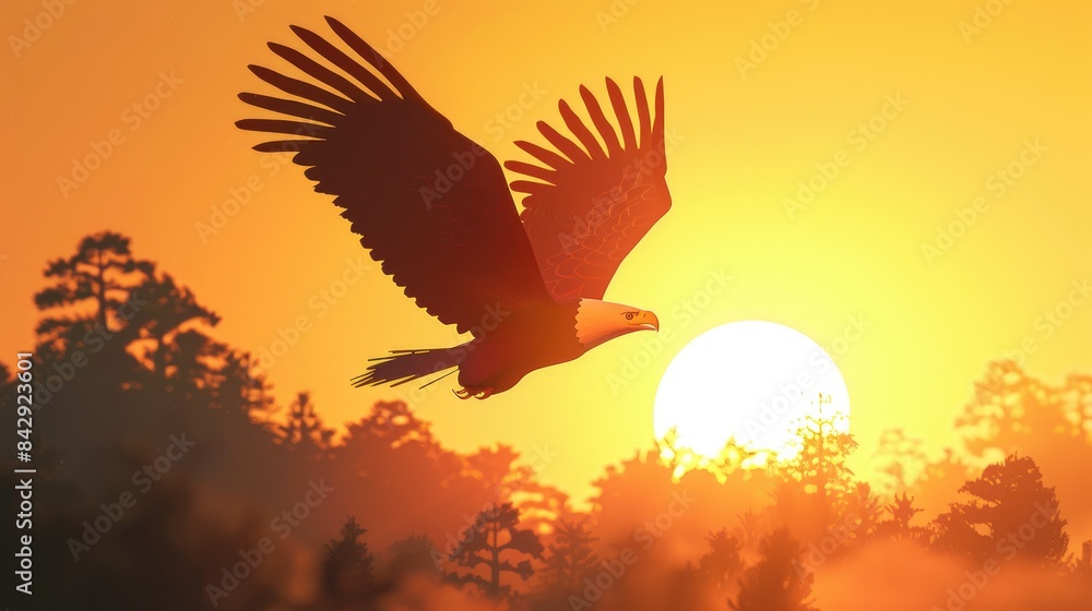 Obraz premium Playful cartoon eagle soaring above the treetops, with a radiant sun and clear sky creating a joyful atmosphere.