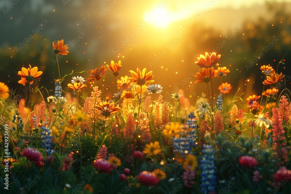 A vibrant wildflower meadow bathed in the warm glow of a setting sun A vibrant wildflower meadow bathed in the warm glow of a setting sun