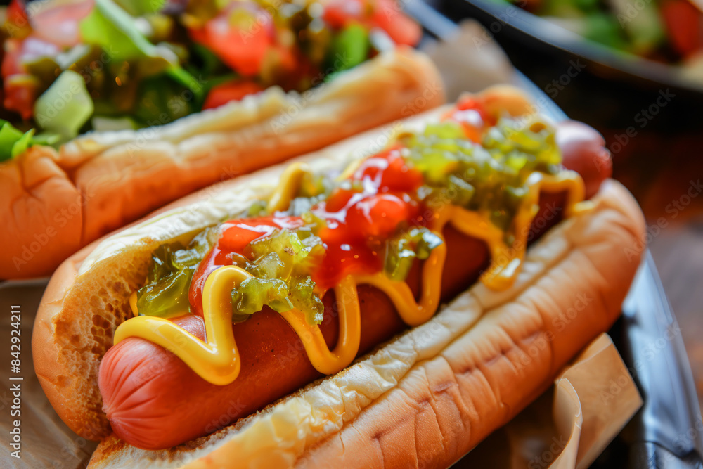 Close-up of a hot dog loaded with mustard, ketchup, and relish, featuring a juicy sausage in a soft bun. Close-up of a hot dog loaded with mustard, ketchup, and relish, featuring a juicy sausage in a soft bun.