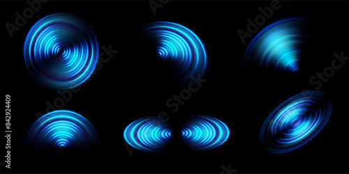 Sonar sound wave. Round light neon effect waves, concentric circle signal of radio station, Wi Fi sensor. Blue water ripple vector set. Network connection symbol. Internet signal isolated collection