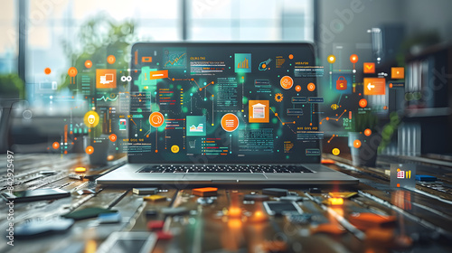 A laptop displaying a vibrant array of digital data and analytics visualizations, set on a desk with various tech devices and a modern office background