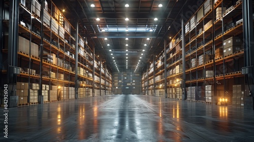 A wide-angle shot of a spacious and empty modern warehouse interior with high shelves and boxes © svastix