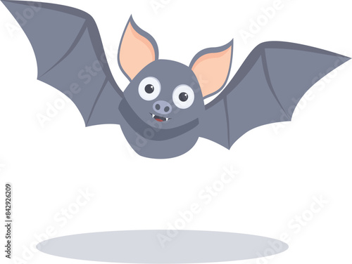 Friendly and smiling cartoon bat with big eyes is flapping its wings and flying