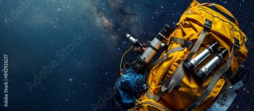 Night sky background, bright yellow backpack stuffed with amateur astronomy tools, including portable telescopes and star maps, text space, overhead shot. © ARAHI Production