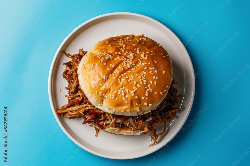 A Sesame Seed Bun Filled With Pulled Pork, Ready to Be Devoured on a Blue Background A Sesame Seed Bun Filled With Pulled Pork, Ready to Be Devoured on a Blue Background