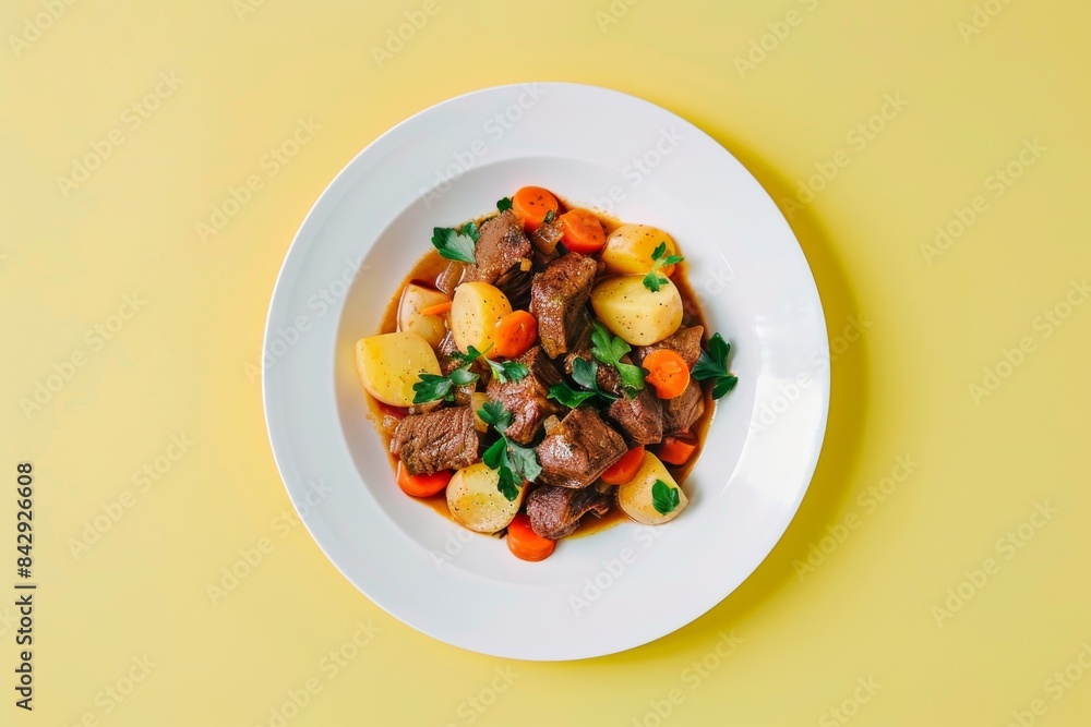 A Delicious Serving of Beef Stew With Potatoes and Carrots on a White Plate Against a Vibrant Yellow Background A Delicious Serving of Beef Stew With Potatoes and Carrots on a White Plate Against a Vibrant Yellow Background