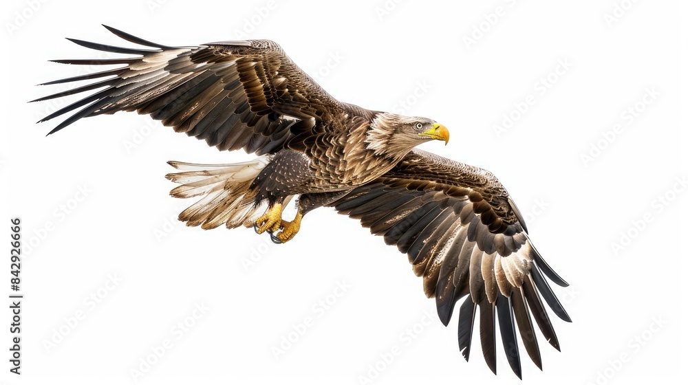 Obraz premium Side view of an eagle gliding with its sharp talons visible, set against a clean white background.