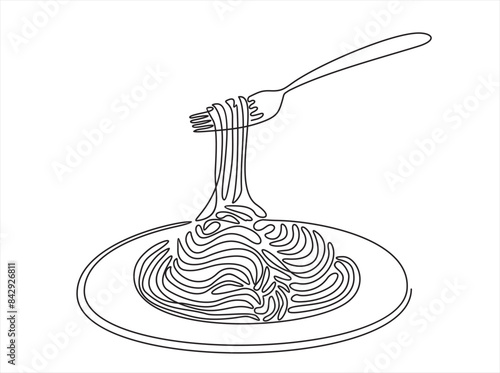 Single continuous line drawing of delicious spaghetti with fork. Italy pasta noodle restaurant concept  for cafe, shop or food delivery service