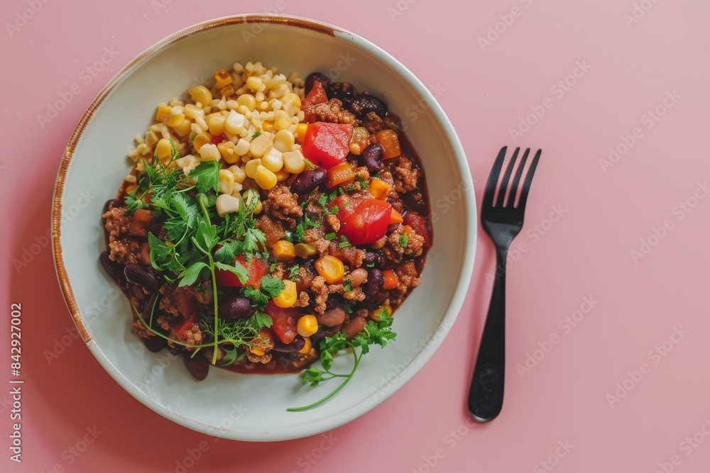 A Bowl of Chili, Corn, and Parsley on a Pink Background A Bowl of Chili, Corn, and Parsley on a Pink Background