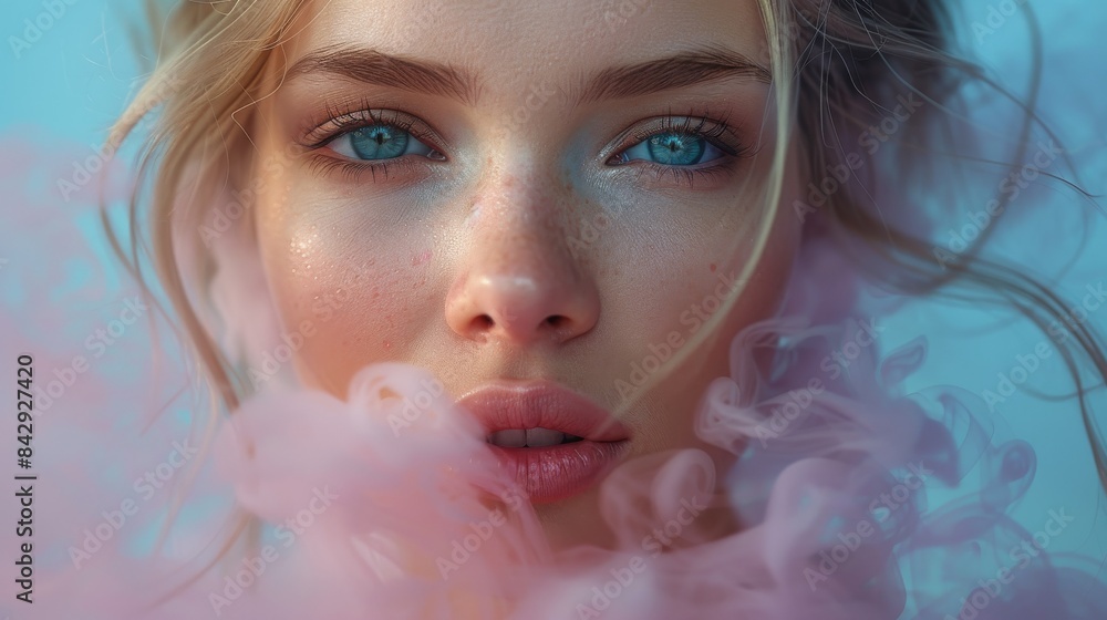 This portrait showcases a serene woman's face with striking blue eyes and pink smoke, conveying a sense of calm and beauty This portrait showcases a serene woman's face with striking blue eyes and pink smoke, conveying a sense of calm and beauty