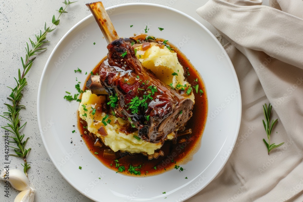 A Delectable Dinner of Braised Lamb Shank Served With Creamy Mashed Potatoes and Rich Gravy