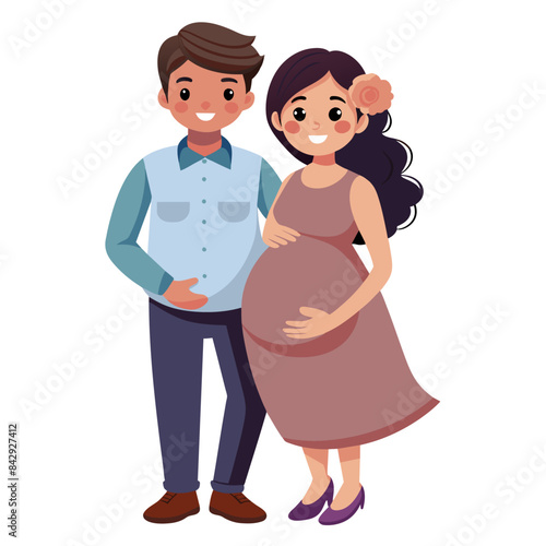 A man and a pregnant woman are standing together, smiling happily