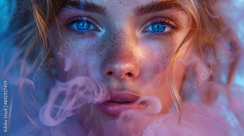 Enigmatic close-up of a woman's face with clear blue eyes surrounded by swirling blue smoke, adding to the mystery