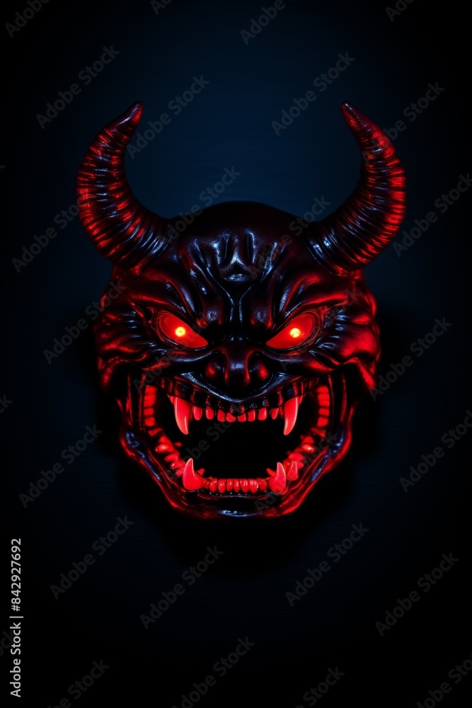 A menacing demonic mask with glowing red eyes and sharp teeth against a dark background, creating a chilling and eerie atmosphere. A menacing demonic mask with glowing red eyes and sharp teeth against a dark background, creating a chilling and eerie atmosphere.