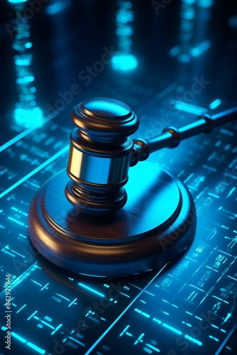 A futuristic judge gavel on digital background representing technology and law integration in justice system.