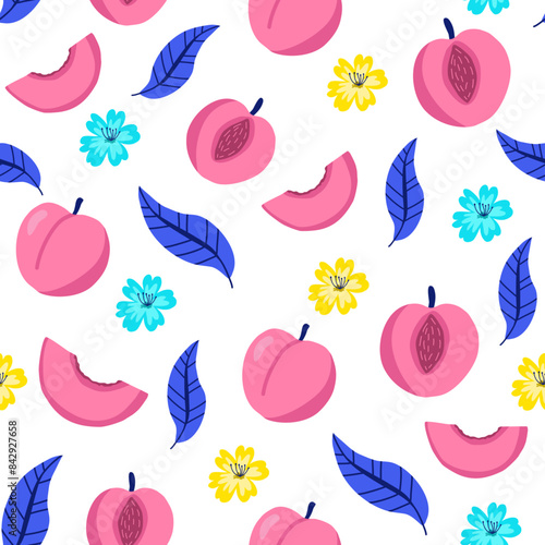 Peaches seamless pattern. Stylized ripe peach, pieces, with seeds and leaves. Vector texture for textile, postcard, wrapping paper, packaging etc. 
