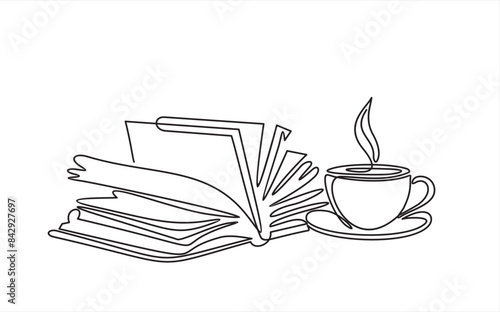 Continuous one line drawing of open book and coffee, vector illustration, one line