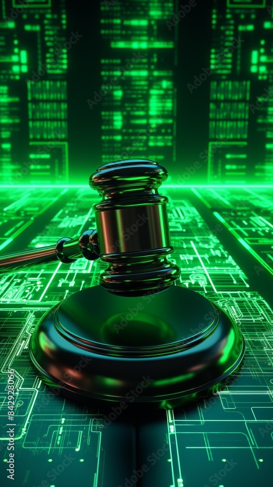 Futuristic digital justice concept with a judge's gavel on a glowing circuit grid, representing technology in law. Futuristic digital justice concept with a judge's gavel on a glowing circuit grid, representing technology in law.