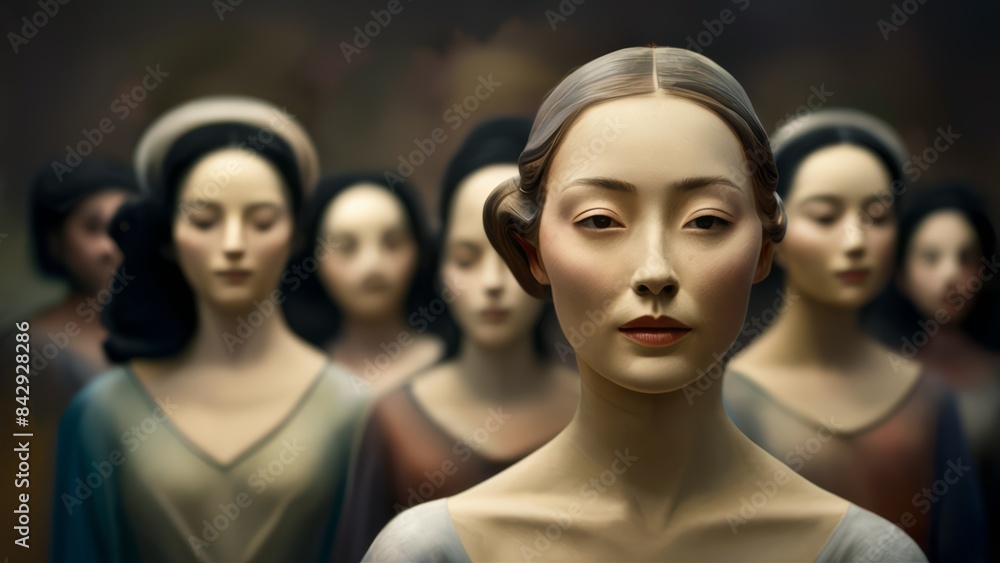 Obraz premium A group of women in different poses with one woman looking away, AI