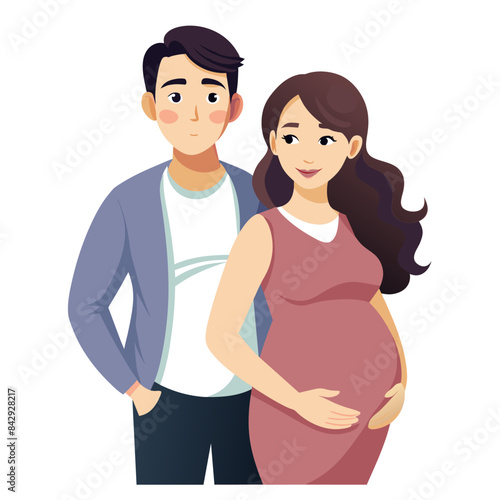 A man and a pregnant woman are standing together, smiling happily