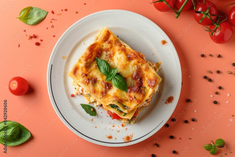 A Cheesy Slice of Lasagna With Basil and Tomatoes on a Peach-Colored Background A Cheesy Slice of Lasagna With Basil and Tomatoes on a Peach-Colored Background
