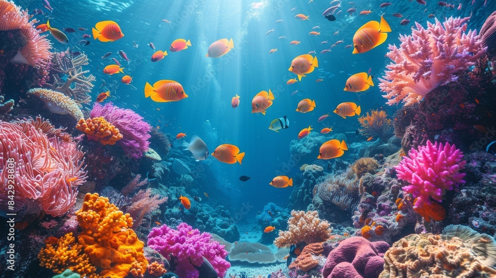 Fototapeta premium A stunning underwater view showcasing a multitude of fish amongst vibrant coral formations