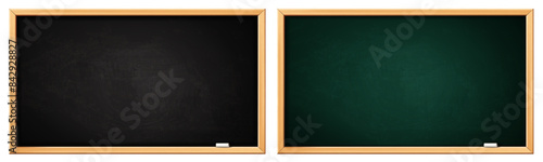 School blackboard. Green and black board with wooden frame and chalk. Realistic blank blackboards with chalk dirt texture. Classroom, restaurant menu vector template