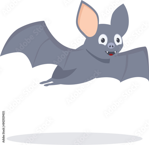 Cartoon grey bat flying and smiling, spreading its wings