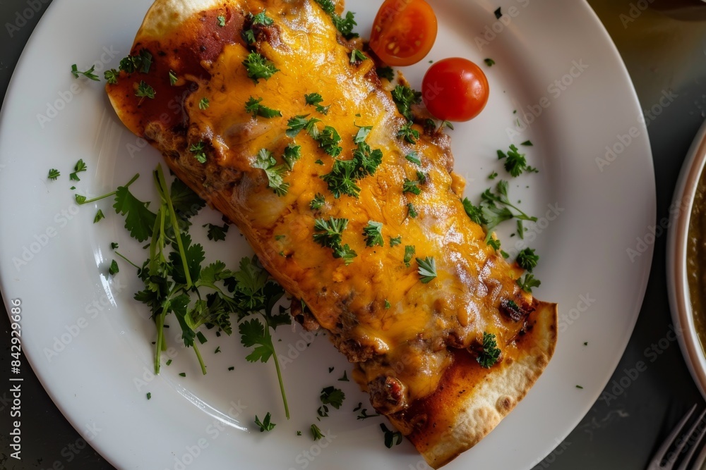 A Cheesy and Savory Burrito, Ready to Eat on a White Plate A Cheesy and Savory Burrito, Ready to Eat on a White Plate