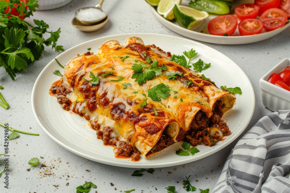 A Plate of Golden, Gooey Enchiladas With a Side of Fresh Tomatoes A Plate of Golden, Gooey Enchiladas With a Side of Fresh Tomatoes