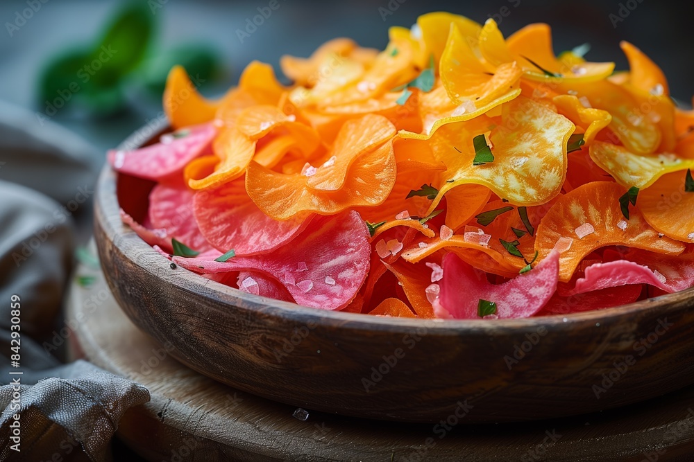 Close-up of a vibrant vegetable salad with thinly sliced carrots and radishes in a wooden bowl Close-up of a vibrant vegetable salad with thinly sliced carrots and radishes in a wooden bowl