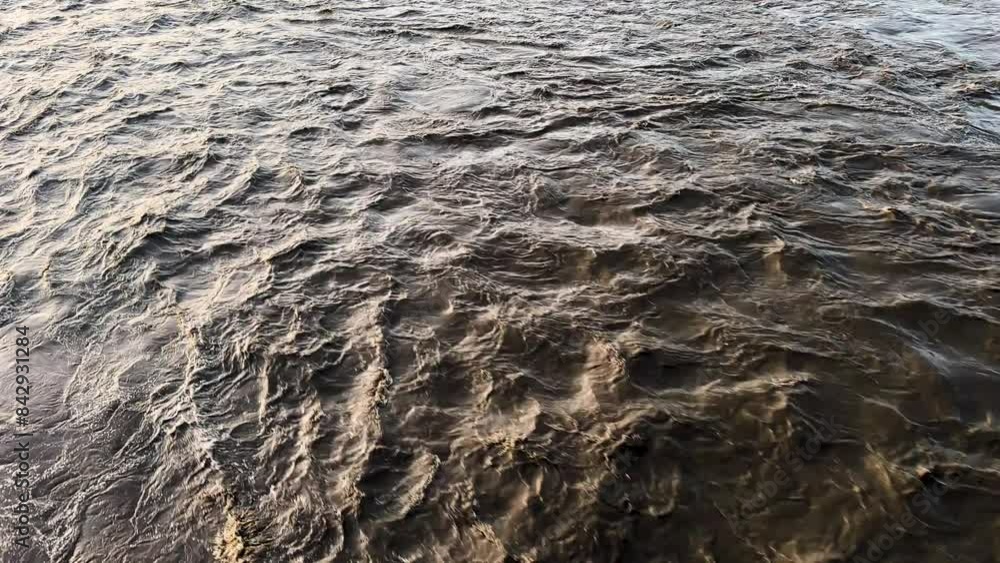 Closeup Top View of Muddy Flood Water Flowing in River After Heavy Rain. Closeup Top View of Muddy Flood Water Flowing in River After Heavy Rain.